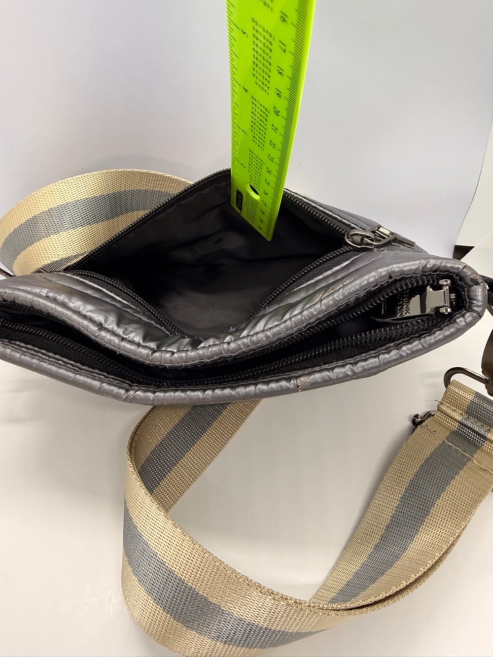 THINK ROYLN Quilted Crossbody Bag in Black with Beige-Gray Stripe Strap - Picture 8 of 13